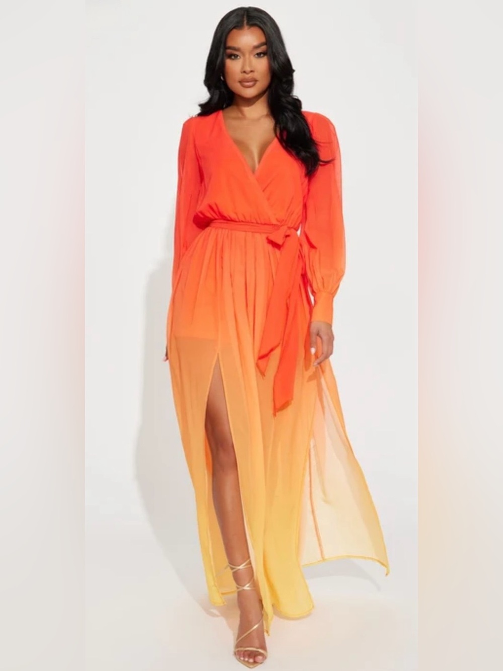 Fashion Nova Orange to Yellow Ombre Wrap Maxi Dress